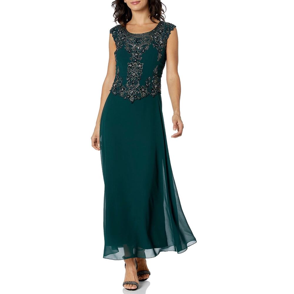 JKara Beaded Chiffon Short Sleeve Evening Gown Green Size 6 Long Formal Dress